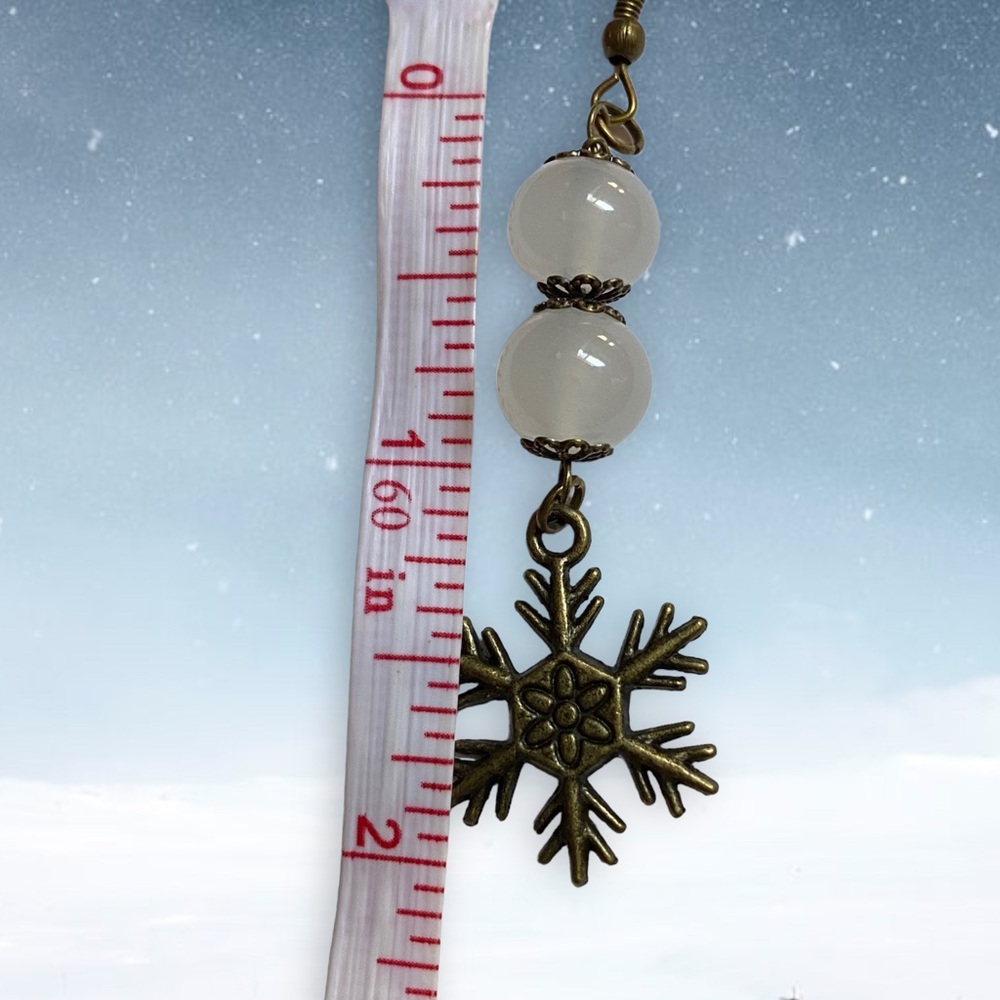 Hand Crafted Snowflake & Snow Ball Earrings Dangle Brass Holidays Pierced - Picture 3 of 8